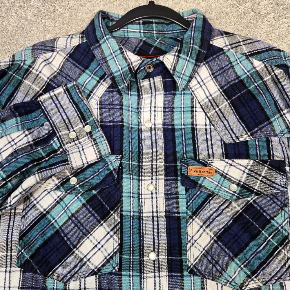 Five Brother Pearl Snap heavy Flannel Shirt mens XL blue plaid
